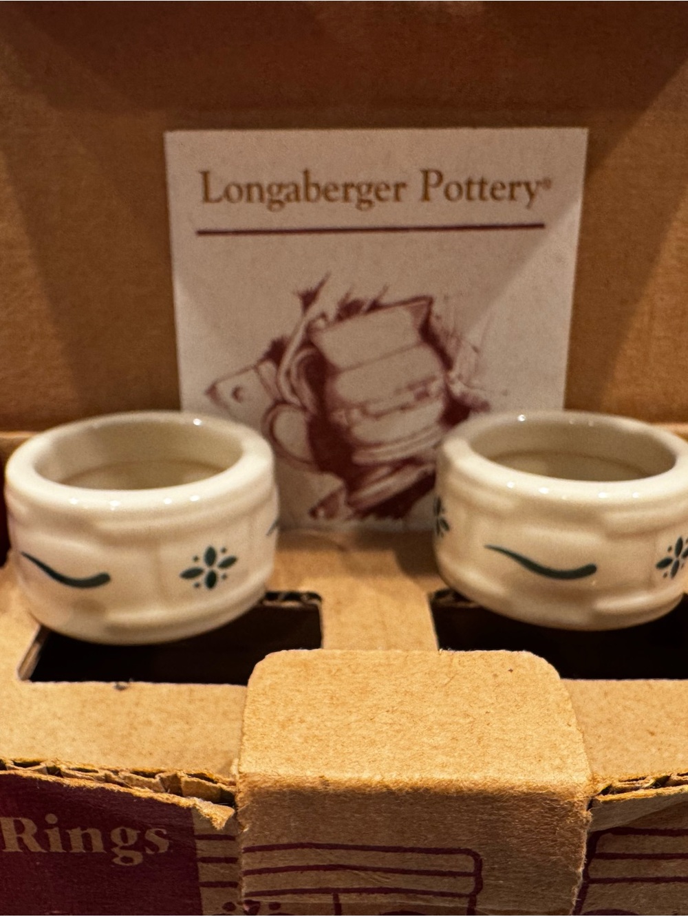 Longaberger Cream Ceramic Napkin Rings with Green Motif